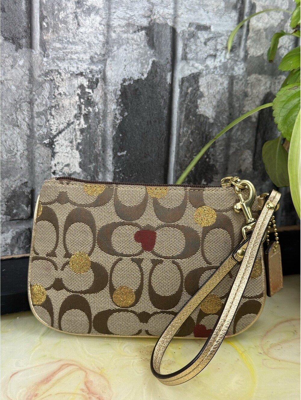 Coach Signature Logo Zip Wristlet w/ Wrist Strap Brown Beige Gold Red